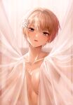  1girl :d absurdres artist_name backlighting bangs blonde_hair blue_eyes blush breasts collarbone completely_nude curtain_grab curtains eyebrows_visible_through_hair girls&#039;_frontline glint hair_ornament head_tilt highres large_breasts looking_at_viewer nude open_mouth polla short_hair smile snowflake_hair_ornament solo symbol-only_commentary upper_body vsk-94_(girls&#039;_frontline) wet 