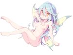  1girl arm_up breasts butterfly_wings closed_mouth completely_nude fairy frfr full_body hair_between_eyes highres light_blue_hair light_blush long_hair looking_at_viewer medium_breasts navel nipples nude orange_eyes original simple_background smile solo white_background wings 