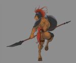  anthro armor cryphalen equid equine hair headgear helmet horse male mammal melee_weapon mohawk muscular muscular_male polearm red_hair shield solo spear weapon 