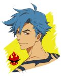  1boy anime_coloring blue_hair changye eyelashes kamina_(ttgl) kamina_shades logo looking_back male_focus portrait red_eyes skull smile solo team_dai-gurren_symbol tengen_toppa_gurren_lagann 