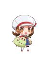  1girl :d blue_overalls blush_stickers bright_pupils brown_eyes brown_hair cabbie_hat chibi chikorita hat holding holding_pokemon long_hair lyra_(pokemon) open_mouth overalls pokemon pokemon_(creature) pokemon_(game) pokemon_hgss red_footwear red_shirt shirt shoes simple_background smile standing thighhighs tongue twintails white_background white_headwear white_legwear white_pupils yellow_bag yoko.u 