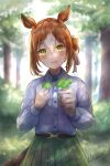  absurdres blush brown_hair casual clover commentary_request dappled_sunlight fine_motion_(umamusume) folded_ponytail forest four-leaf_clover green_eyes hair_between_eyes hair_ornament highres horse_girl horse_tail looking_at_viewer nature open_mouth otsune_(pixiv_36350590) pov signature sunlight tail umamusume 