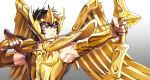  1boy armor arrow_(projectile) bangs blue_eyes bow_(weapon) breastplate brown_hair closed_mouth commentary_request drawing_bow fingernails from_side gauntlets gold_armor gold_saint gradient gradient_background hair_between_eyes headgear highres holding holding_arrow holding_bow_(weapon) holding_weapon male_focus metal_wings mixed-language_commentary sagittarius_aioros saint_seiya serious short_hair shoulder_armor simple_background solo upper_body weapon wings yunoo_(cmzkvneld845) 
