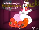  2022 absurd_res anthro avian beak bird breasts butt candy chicken dessert digital_media_(artwork) english_text eyebrows eyelashes feet female fingers five_nights_at_freddy&#039;s five_nights_at_freddy&#039;s:_security_breach food galliform gallus_(genus) glamrock_chica_(fnaf) hi_res humanoid_feet looking_at_viewer looking_back nipples open_beak open_mouth phasianid scottgames soles solo text the_urge_within toes video_games 