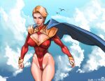  1girl bird blonde_hair blue_eyes breasts cape cleavage cleavage_cutout clothing_cutout cloud commentary_request eighth_wonder flying haruka_athena highleg highres large_breasts leotard mature_female muscular muscular_female red_leotard revision solo superhero thong_leotard uchi_no_musume_ni_te_wo_dasuna! yakusoku_no_hi 