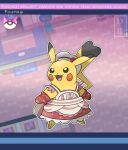  :d apron black_eyes chef_hat clothed_pokemon commentary copyright_name cosplay dawn_(pokemon) dawn_(pokemon)_(cosplay) dreambig eyelashes full_body happy hat hatted_pokemon highres no_humans open_mouth outline oven_mitts pikachu pokemon pokemon_(creature) pokemon_(game) pokemon_masters_ex red_mittens smile solo tongue watermark white_headwear 