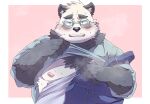 2022 anthro black_body black_nose blush bodily_fluids clothing eyewear giant_panda glasses hi_res humanoid_hands kemono male mammal moobs nipples okmt_redbull overalls overweight overweight_male simple_background solo sweat undressing ursid white_body 
