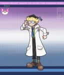  1boy adjusting_eyewear alternate_costume bangs barry_(pokemon) black_headwear blonde_hair blue_necktie blunt_bangs brown_footwear clenched_hand collared_shirt commentary copyright_name dreambig full_body glasses green_vest hat highres labcoat long_sleeves male_focus necktie outline pants pokemon pokemon_(game) pokemon_dppt shirt shoes short_hair socks solo standing striped striped_legwear vest watermark white_shirt 