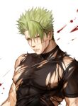  1boy achilles_(fate) blood blood_on_face brown_eyes changye fate/apocrypha fate/grand_order fate_(series) green_hair hair_up large_pectorals male_focus nipples pectorals shirt solo tight tight_shirt torn_clothes torn_shirt yellow_eyes 