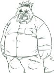  2022 anthro balls canid canine canis clothing domestic_dog flaccid genitals hi_res humanoid_genitalia humanoid_hands humanoid_penis kemono lifewonders male mammal mind_drive mizuse_higomaru overweight overweight_male penis scar shirt simple_background solo tokyo_afterschool_summoners topwear video_games white_background yasuyori 