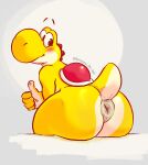 2022 anthro anus big_anus big_butt blush bubble_butt butt gesture grey_background hi_res looking_back male mario_bros nintendo nude presenting presenting_anus presenting_hindquarters puffy_anus scalie serex shell simple_background sitting smile solo text thumbs_up url video_games white_background yellow_yoshi yoshi 