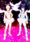  2boys abs blonde_hair blue_hair changye cosplay cu_chulainn_(fate) cu_chulainn_(fate/stay_night) earrings fate/grand_order fate_(series) frilled_skirt frills gilgamesh_(fate) halo jewelry male_focus midriff multiple_boys panty_&amp;_stocking_with_garterbelt panty_(psg) panty_(psg)_(cosplay) parody ponytail red_eyes skirt stocking_(psg) stocking_(psg)_(cosplay) striped striped_legwear stripper_pole thighhighs wings 