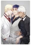  3boys archer_(fate) blonde_hair blue_hair bow bowtie boy_sandwich changye cu_chulainn_(fate) cu_chulainn_(fate/stay_night) dark-skinned_male dark_skin fate/grand_order fate/stay_night fate_(series) formal gilgamesh_(fate) grin holding holding_hair kiss kissing_neck multiple_boys necktie ponytail red_eyes sandwiched smile suit vest waistcoat white_hair yaoi 