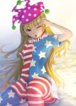  1girl american_flag_dress american_flag_legwear bad_hands bad_leg bad_perspective bangs breasts clownpiece covered_navel crying crying_with_eyes_open dress eyelashes frilled_shirt_collar frills hat highres jester_cap lennard_hirao long_hair neck_ruff no_wings one_eye_closed pink_eyes polka_dot polka_dot_headwear purple_headwear short_sleeves sitting small_breasts striped striped_dress tears touhou very_long_hair 