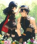  1boy 1girl ameno_(a_meno0) blue_eyes blue_hair boots cape child chrom_(fire_emblem) dress father_and_daughter fire_emblem fire_emblem_awakening flower gloves grin head_wreath long_hair lucina_(fire_emblem) one_eye_closed outdoors short_hair short_sleeves sitting sleeveless smile tiara younger 