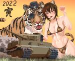  1girl 2022 animal_ears animal_print bangs bikini black_headwear breasts brown_eyes brown_hair chinese_zodiac claw_pose cleavage commentary_request emblem eyepatch fake_animal_ears fake_tail fangs fingernails garrison_cap girls_und_panzer grass ground_vehicle halterneck hat highres kuromorimine_(emblem) kuromorimine_military_uniform large_breasts looking_at_viewer military military_hat military_vehicle motor_vehicle navel new_year nishizumi_maho open_mouth orange_background orange_bikini partial_commentary print_bikini print_choker sharp_fingernails short_hair smile solo standing string_bikini swimsuit tail tank tiger tiger_ears tiger_i tiger_print tiger_tail tigern_(tigern28502735) translated year_of_the_tiger 