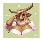  2022 anthro big_breasts bovid bovine breasts cattle cleavage clothed clothing eyebrows eyelashes female flower green_eyes holivi horn inner_ear_fluff looking_at_viewer mammal open_mouth plant solo tuft 