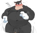  2022 anthro balls belly black_body black_nose blush disney felid flaccid genitals humanoid_genitalia humanoid_hands humanoid_penis hyaku_(artist) japanese_text kemono male mammal moobs navel overweight overweight_male penis pete_(disney) simple_background solo text white_background 