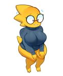  alphys anthro big_breasts bottomless breasts buckteeth clothed clothing eyewear female freckles glasses hi_res lizard reptile scalie simple_background solo somescrub sweater teeth topwear undertale undertale_(series) video_games yellow_body 