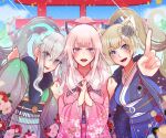  3girls alternate_hairstyle blue_eyes cm_oekaki dragon_girl floral_print fox_girl fur_trim furisode hair_ornament hair_ribbon highres holographic_horns hoshifuri_iku ibuki_meno japanese_clothes kimono light_brown_hair mechanical_tail multiple_girls new_year obi open_mouth pink_hair pointing ponytail prism_project purple_eyes ribbon sash silver_hair tail tokimori_aoi tongue tongue_out torii virtual_youtuber 