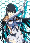  1girl bakuzan black_hair blue_eyes breasts commentary_request epaulettes hair_ornament hairclip highres junketsu katana kill_la_kill kiryuuin_satsuki large_breasts long_hair long_sleeves moto_mitsuashi outline revision sheath smile sword thighhighs uniform weapon 