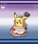  :d apron black_eyes chef_hat clothed_pokemon commentary copyright_name cosplay dawn_(pokemon) dawn_(pokemon)_(cosplay) dreambig eyelashes full_body happy hat hatted_pokemon highres no_humans open_mouth outline oven_mitts pikachu pokemon pokemon_(creature) pokemon_(game) pokemon_masters_ex red_mittens smile solo tongue watermark white_headwear 