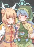  2girls absurdres apron armor bangs blonde_hair bloomers blue_hair double_bun dress eyebrows_visible_through_hair green_apron green_headwear hair_ribbon haniyasushin_keiki head_scarf highres japanese_armor joutouguu_mayumi long_hair magatama magatama_necklace multiple_girls open_mouth puffy_short_sleeves puffy_sleeves purple_eyes ribbon ryoku_sui shirt short_sleeves single_strap starry_background tools touhou underwear vambraces white_ribbon white_shirt yellow_dress 