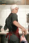  1boy apron archer_(fate) black_pants black_shirt brown_eyes casual changye chinese_commentary commentary_request cooking cowboy_shot dark-skinned_male dark_skin fate/grand_order fate/stay_night fate_(series) food from_behind fujimaru_ritsuka_(female) holding holding_food indoors kitchen long_sleeves looking_back pants pov red_apron shirt sink sleeves_rolled_up solo_focus white_hair 