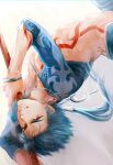  1boy bare_pectorals blue_hair bracelet changye chest_tattoo cu_chulainn_(fate) cu_chulainn_(fate/stay_night) earrings fate/grand_order fate_(series) gae_bolg_(fate) jewelry long_hair male_focus pectorals polearm ponytail red_eyes shrug_(clothing) solo spear tattoo upside-down weapon 