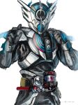  1boy absurdres alternate_costume armor black_hole build_driver commentary_request compound_eyes cross-z_evol dragon driver english_text fighting_stance highres kamen_rider kamen_rider_build_(series) kamen_rider_cross-z long_coat male_focus muscle_galaxy_fullbottle open_hands rider_belt science_fiction simple_background solo white_background yygnzm 