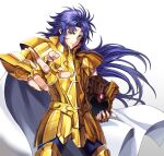  1boy armor bangs blue_hair breastplate cape closed_mouth commentary faulds fingernails floating_hair gauntlets gemini_saga gold_armor gold_saint green_eyes headwear_removed helmet helmet_removed highres holding holding_helmet long_hair looking_at_viewer male_focus outstretched_hand parted_bangs reaching_out saint_seiya serious shoulder_armor simple_background solo standing symbol-only_commentary white_background white_cape yunoo_(cmzkvneld845) 