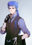  1boy blue_hair changye cu_chulainn_(fate) cu_chulainn_(fate/stay_night) earrings fate/grand_order fate/stay_night fate_(series) fingerless_gloves formal gloves jewelry long_hair male_focus necktie ponytail red_eyes single_fingerless_glove solo vest waistcoat 