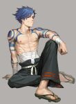  1boy bandaged_wrist bandages blue_hair changye chest_tattoo geta kamina_(ttgl) pectorals sarashi sitting smile solo tattoo tengen_toppa_gurren_lagann topless_male 