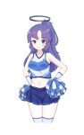  1girl absurdres alternate_costume alternate_hairstyle blue_archive breasts cheerleader commentary_request halo highres looking_at_viewer medium_breasts midriff navel pom_pom_(cheerleading) purple_eyes simple_background smile solo thighhighs white_background white_legwear yura19350121 yuuka_(blue_archive) 