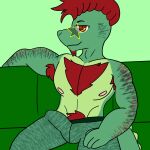  alligator alligatorid allison_arts_(artist) animatronic anthro arm_hair body_hair bulge chest_hair clothed clothing crocodilian eyewear facial_hair five_nights_at_freddy&#039;s five_nights_at_freddy&#039;s:_security_breach furniture genital_outline glasses goatee green_body hi_res humanoid machine male montgomery_gator_(fnaf) nipples penis_outline reptile robot scalie scottgames simple_background smile solo video_games 