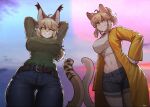  2girls animal_ears arms_behind_head artist_name ass_visible_through_thighs belt belt_buckle blonde_hair breasts buckle cowboy_shot denim denim_shorts furry hair_between_eyes highres jeans large_breasts long_sleeves looking_at_viewer midriff multiple_girls navel one_eye_closed original pants parted_lips pgm300 ponytail shorts tail teeth trench_coat watermark 