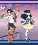  1boy 1girl alternate_costume bangs black_hair blue_footwear boots championship_belt clenched_hands closed_mouth commentary copyright_name dawn_(pokemon) dreambig dress english_commentary eyelashes facepaint flexing grey_eyes grin hair_ornament hands_up high_heels highres leg_up leggings long_hair lucas_(pokemon) orange_footwear outline pantyhose pokemon pokemon_(game) pokemon_dppt pose screencap_inset short_hair sidelocks smile standing teeth topless_male watermark white_legwear wristband 