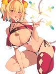  +_+ 1girl absurdres bell bikini bikini_pull blonde_hair blue_eyes blue_hair blush bombergirl breasts clothes_pull fang grenade_hair_ornament hair_intakes highres large_breasts looking_at_viewer micro_bikini multicolored_hair navel nipple_slip nipples open_mouth pine_(bombergirl) red_legwear side-tie_bikini single_thighhigh sitting solo swimsuit thighhighs twintails two-tone_hair wat_(worldlog) yellow_pupils 