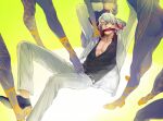  1boy changye fate/grand_order fate_(series) formal gagged male_focus multicolored_hair odysseus_(fate) pectoral_cleavage pectorals red_hair solo_focus stepped_on streaked_hair suit v-neck yellow_eyes 