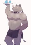  2022 anthro blush bow_tie bulge grey_body hi_res humanoid_hands kemono male mammal musclegut nipples rhinocerotoid sawch_cls simple_background solo waiter white_background 