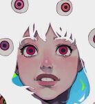  1girl artist_name character_request close-up commentary copyright_request english_commentary extra_eyes eyeball face francesca_fedele highres lips looking_at_viewer nose nostrils realistic red_eyes simple_background solo teeth white_hair 