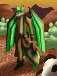  anthro aphybreas black_body black_fur bone boots cactus clothing desert fallout_(character) fallout_nv footwear fur green_body green_fur green_hair gun hair handgun male pistol plant ranged_weapon skull solo spread_wings weapon wings 