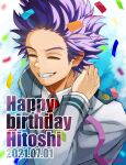  1boy bags_under_eyes bangs birthday boku_no_hero_academia character_name closed_eyes confetti dated english_text foreground_text forehead from_above hand_on_own_neck happy_birthday highres male_focus messy_hair purple_eyes purple_hair school_uniform shinsou_hitoshi short_hair smile solo spiked_hair teeth text_focus tonbanlove twitter_username u.a._school_uniform upper_body 