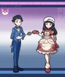 1boy 1girl apron bangs black_hair blue_bow blue_bowtie blue_footwear blue_pants blush bow bowtie buttons chef_hat closed_mouth commentary copyright_name dawn_(pokemon) dreambig dress eyelashes gloves grey_eyes hair_ornament hairclip hat highres leg_warmers long_hair long_sleeves looking_at_viewer lucas_(pokemon) official_alternate_costume oven_mitts pants pokemon pokemon_(game) pokemon_dppt pokemon_masters_ex red_dress red_footwear red_mittens shirt shoes short_sleeves sidelocks smile tailcoat watermark white_gloves white_headwear white_shirt 