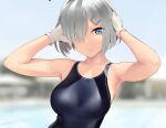  1girl animal_ears blue_eyes blue_swimsuit breasts collarbone competition_swimsuit cowboy_shot fake_animal_ears gloves hair_ornament hair_over_one_eye hairclip hamakaze_(kancolle) kantai_collection large_breasts neckerchief one-piece_swimsuit outdoors pool rabbit_ears short_hair silver_hair solo swimsuit wa_(genryusui) water white_gloves yellow_neckerchief 