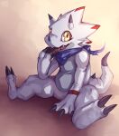  anthro bandai_namco bandanna black_claws candy chocolate claws dessert digimon digimon_(species) digimon_ghost_game eating food gammamon horn kerchief male nurinaki sitting solo white_body yellow_eyes 