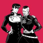  2boys arm_around_shoulder diamond_wa_kudakenai dollar_sign facial_mark gakuran higashikata_josuke jojo_no_kimyou_na_bouken kozakura_(i_s_15) male_focus multicolored_hair multiple_boys nijimura_okuyasu peace_symbol pompadour school_uniform two-tone_hair yen_sign 