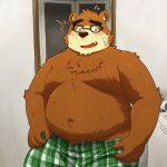 2022 anthro appliance belly blush bodily_fluids clothing eyewear glasses hi_res humanoid_hands kemono lifewonders male mammal moobs navel overweight overweight_male solo sweat tokyo_afterschool_summoners underwear ursid video_games volos washing_machine yaki_atsuage 