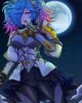  1girl armor blue_hair fire_emblem fire_emblem_fates full_moon highres looking_at_viewer moon multicolored_hair open_mouth peri_(fire_emblem) pink_hair red_eyes roman_s shoulder_armor skirt twintails two-tone_hair 