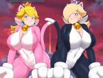  2girls absurdres all_fours animal_costume animal_ears animal_hands ass_visible_through_thighs bell blonde_hair blue_eyes breasts cat_costume cat_ears cat_peach cat_rosalina cat_tail cleavage covered_navel crown gloves hair_over_one_eye highres kaos_art large_breasts looking_at_viewer mario_(series) mini_crown multiple_girls neck_bell official_alternate_costume paw_gloves princess_peach rosalina super_bell super_mario_3d_world tail 